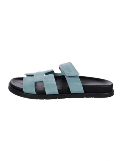 Pre-owned Hermes Chypre Suede Slides In Blue