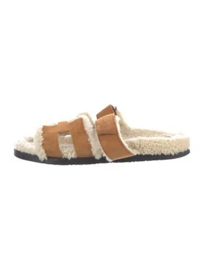 Pre-owned Hermes Chypre Suede Slides In Brown