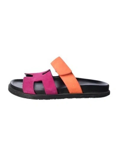 Pre-owned Hermes Chypre Suede Slides In Multi