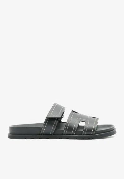Pre-owned Hermes Chypre Techno Sandals In Black Calfskin