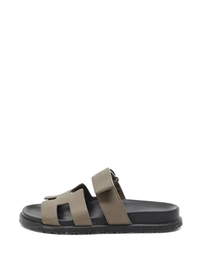 Pre-owned Hermes Chypre Touch-strap Flat Sandals In Brown