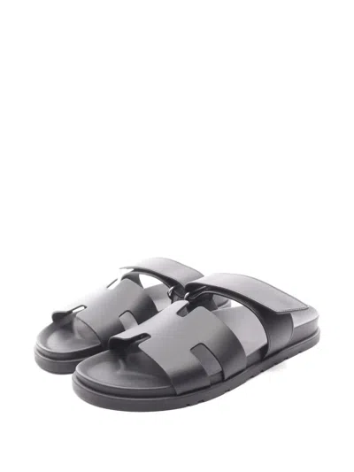 Pre-owned Hermes Chypre Touch-strap Sandals In Black
