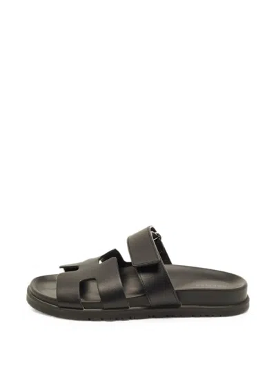 Pre-owned Hermes Chypre Touch-strap Sandals In Black