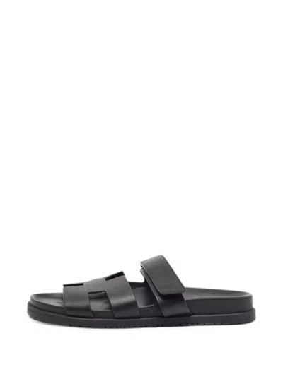 Pre-owned Hermes Chypre Touch-strap Sandals In Black