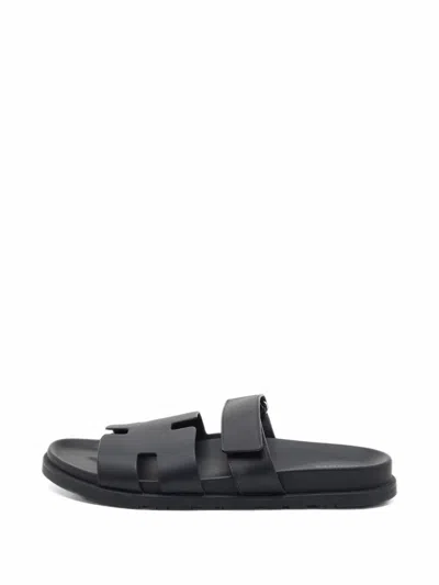 Pre-owned Hermes Chypre Touch-strap Sandals In Black