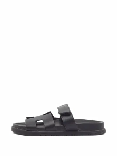 Pre-owned Hermes Chypre Touch-strap Sandals In Black