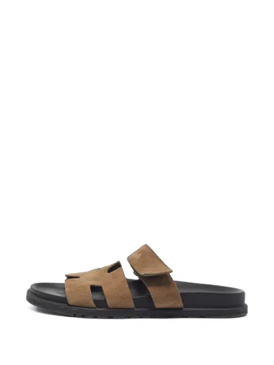 Pre-owned Hermes Chypre Touch-strap Sandals In Brown
