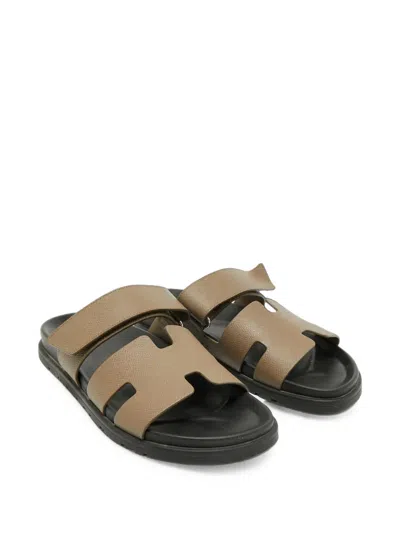 Pre-owned Hermes Chypre Touch-strap Sandals In Brown