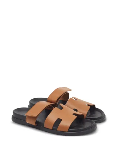 Pre-owned Hermes Chypre Touch-strap Sandals In Brown