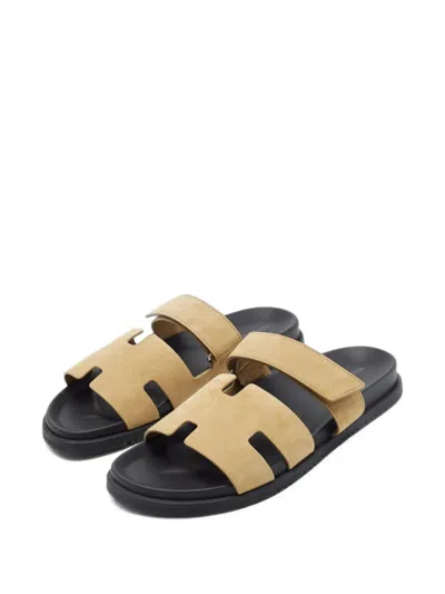 Pre-owned Hermes Chypre Touch-strap Sandals In Neutrals