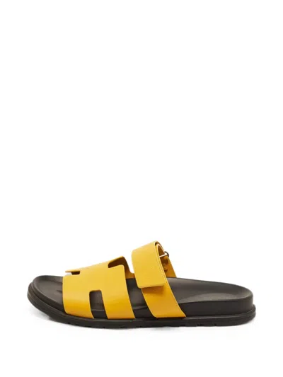 Pre-owned Hermes Chypre Touch-strap Sandals In Yellow