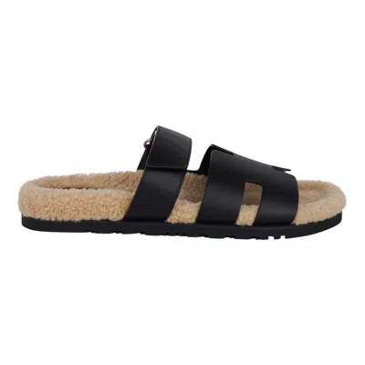 Pre-owned Hermes Chypre Veau Indios Woolskin / Calfskin Men's Sandal 43 New W/ Box In Black