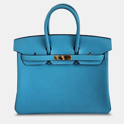 Pre-owned Hermes Ciel Swift Leather Gold Finish Birkin 25 In Blue