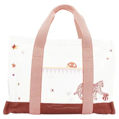 Pre-owned Hermes Circus Nappy Bag Red White Embroidered Cotton Canvas Tote Bag Towel Set