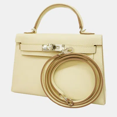 Pre-owned Hermes Cle Epson Kelly B Engraved Vaux Ladies Handbag In Cream