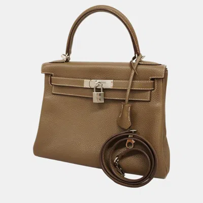 Pre-owned Hermes Clemence Etoupe Taurillon Kelly 28 A Engraved Ladies Handbag In Brown