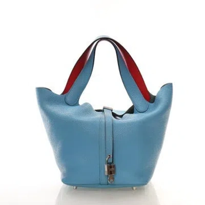 Pre-owned Hermes Clemence Leather Eclat Picotin Lock 22 In Blue
