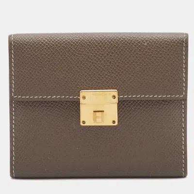 Pre-owned Hermes Clic 12 Etoupe Epsom Leather Compact Wallet In Brown