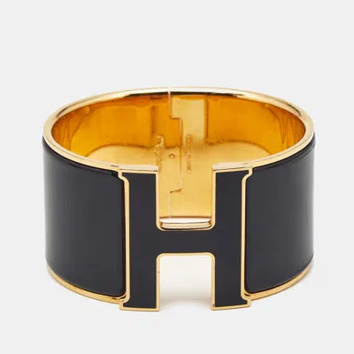 Pre-owned Hermes Hermès Clic Clac H Black Enamel Gold Plated Extra Wide Bracelet