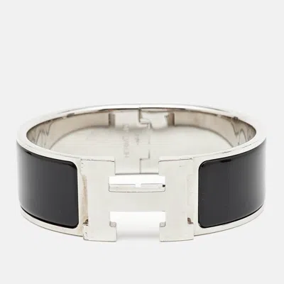 Pre-owned Hermes Clic Clac H Black Enamel Palladium Plated Bracelet