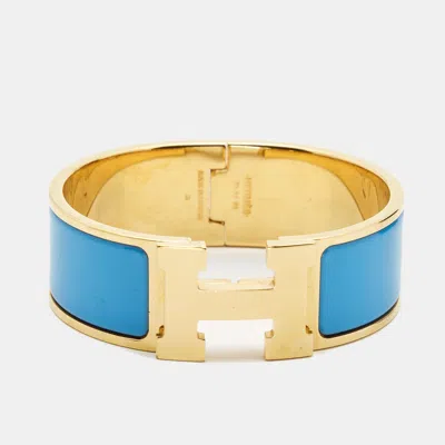 Pre-owned Hermes Clic Clac H Blue Enamel Gold Plated Bracelet