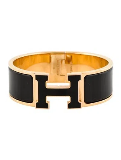 Pre-owned Hermes Clic Clac H Enamel At Turnlock Bracelet, 6.5" In Black