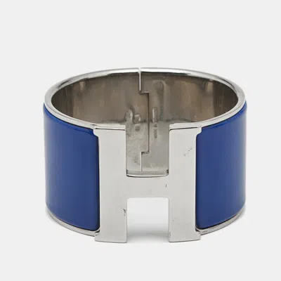 Pre-owned Hermes Hermès Clic Clac H Enamel Palladium Plated Extra Wide Bracelet In Blue