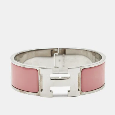 Pre-owned Hermes Hermès Clic Clac H Pink Enamel Palladium Plated Wide Bracelet