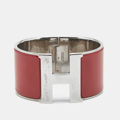 Pre-owned Hermes Hermès Clic Clac H Red Enamel Palladium Plated Extra Wide Bracelet