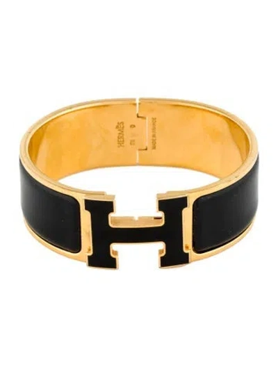 Pre-owned Hermes Clic Clac H W/ Enamel At Turnlock Bangle Bracelet, 6.25" In Black