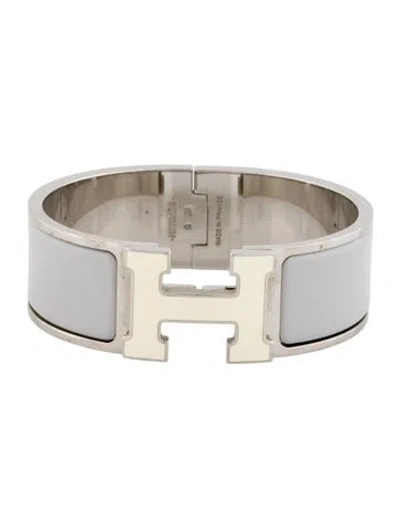 Pre-owned Hermes Clic Clac H W/ Enamel At Turnlock Bangle Bracelet, 6.5" In Gray