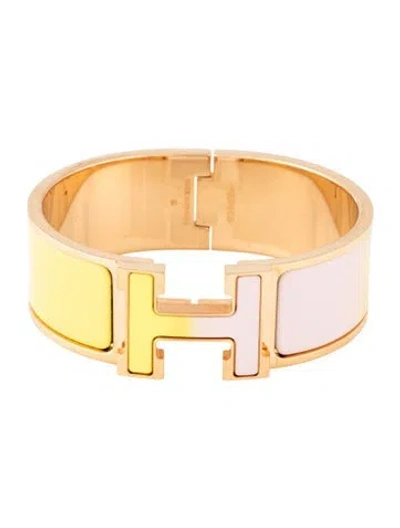 Pre-owned Hermes Clic Clac H W/ Enamel Turnlock Bracelet, 6.5" In Pink/yellow