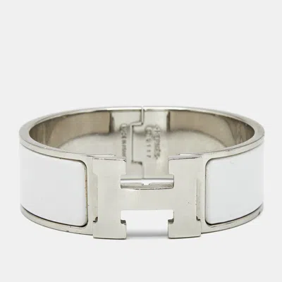 Pre-owned Hermes Clic Clac H White Enamel Palladium Plated Bracelet