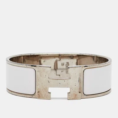 Pre-owned Hermes Hermès Clic Clac H White Enamel Palladium Plated Bracelet