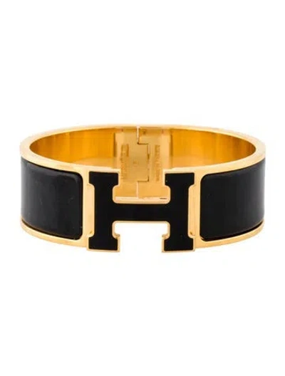 Pre-owned Hermes Clic Clac H With Enamel At Turnlock Bangle Bracelet, 6.5" In Black
