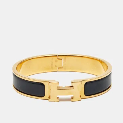 Pre-owned Hermes Clic H Black Enamel Gold Plated Bracelet