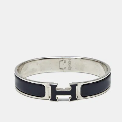Pre-owned Hermes Hermès Clic H Black Enamel Plladium Plated Bracelet