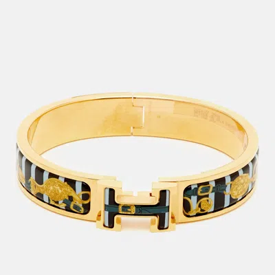 Pre-owned Hermes Hermès Clic H Brides De Gala Bayadere Printed Enamel Gold Plated Bracelet In Blue