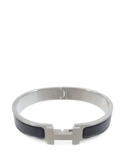 Pre-owned Hermes Clic H Enamel Bracelet In Silver