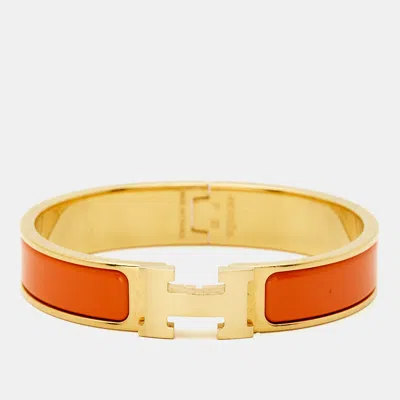 Pre-owned Hermes Hermès Clic H Orange Enamel Gold Plated Bracelet