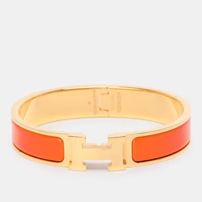 Pre-owned Hermes Clic H Orange Enamel Gold Plated Narrow Bracelet