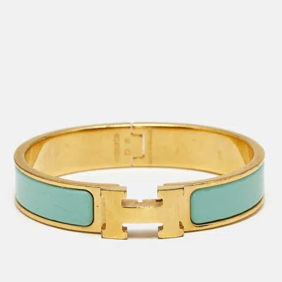 Pre-owned Hermes Hermès Clic H Turquoise Enamel Gold Plated Bracelet In Blue
