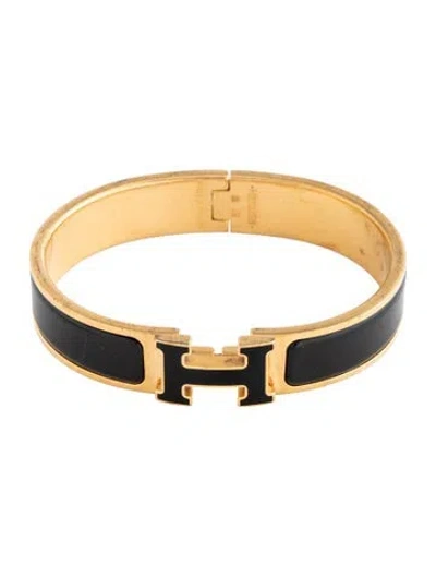 Pre-owned Hermes Clic H W/ Enamel At Turnlock Bangle Bracelet, 6.25" In Black