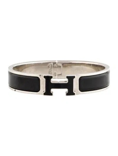 Pre-owned Hermes Clic H W/ Enamel Turnlock Bangle Bracelet, 6.25" In Black