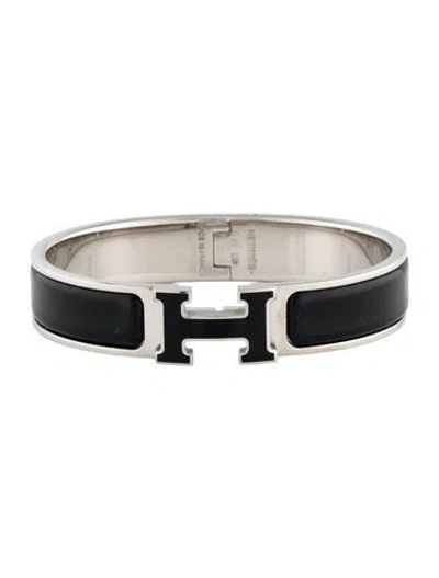 Pre-owned Hermes Clic H W/enamel At Turnlock Bangle Bracelet, 6.5" In Black