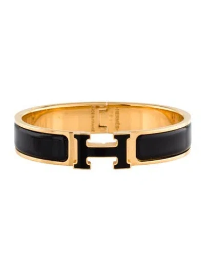 Pre-owned Hermes Clic H W/enamel Turnlock Bangle Bracelet, 6.25" In Black