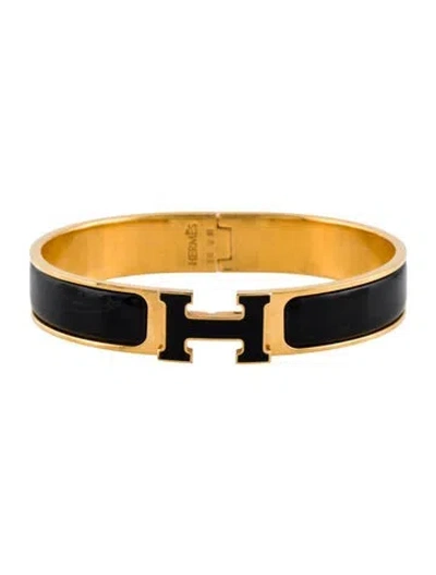 Pre-owned Hermes Clic H With Enamel Turn Lock Bangle Bracelet, 7" In Black