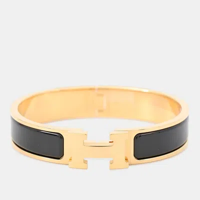Pre-owned Hermes Clich Bangle Size Pm Black Gold Plated Enamel