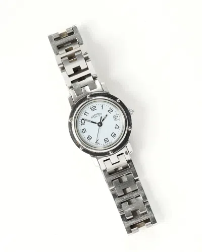 Pre-owned Hermes Hermès Clipper Date 24mm Watch In White