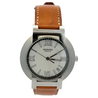 Pre-owned Hermes Hermès Clipper Stainless Steel Watch With Barenia Leather Strap – Roman Dial In Multi